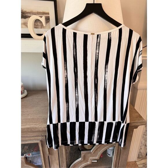 St John Black and White Striped Short Sleeve Blouse Women’s Size Medium - Picture 4 of 6